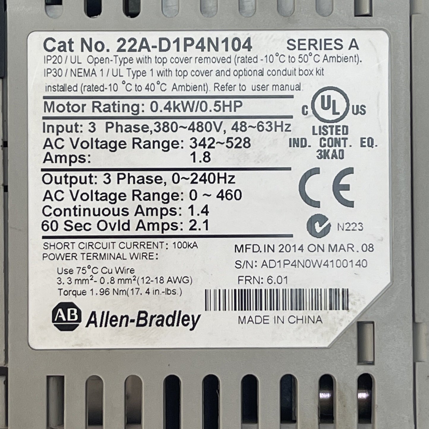 ALLEN BRADLEY 22A-D1P4N104 POWER FLEX 4 SER A OUTPUT 0-460VAC INPUT 380-480VAC