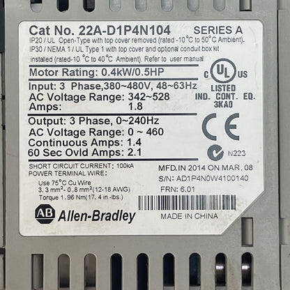 ALLEN BRADLEY 22A-D1P4N104 POWER FLEX 4 SER A OUTPUT 0-460VAC INPUT 380-480VAC