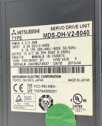 MITSUBISHI MDS-DH-V2-8040 SERVO DRIVE 2.0KW 8.9A 240HZ H/W VER.H 456V