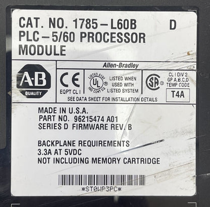 ALLEN BRADLEY 1785-L60B PLC 5/60 PROCESSOR MODULE SER D FIRMWARE REV B 5VDC 3.3A
