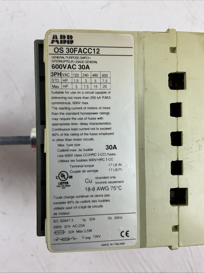 ABB OS 30FACC12 DISCONNECT SWITCH 600VAC 30A 3PH 20HP
