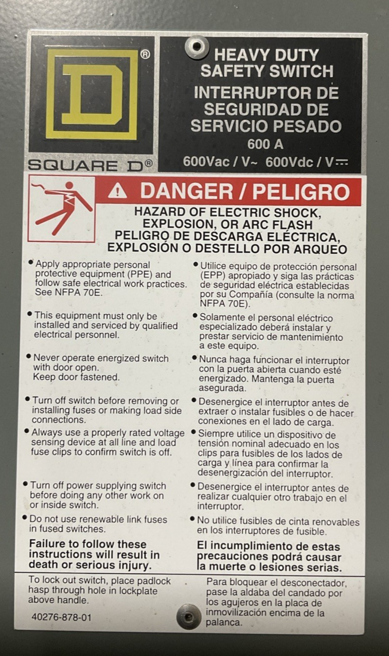SQUARE D H366 FUSIBLE SAFETY SWITCH TYPE 1 SERIES E04 600AMP 600V