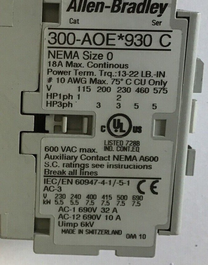 ALLEN BRADLEY 300-AOE*930 CONTACTOR SER.C 18A 600VAC 24VDC