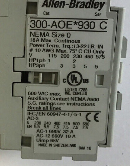 ALLEN BRADLEY 300-AOE*930 CONTACTOR SER.C 18A 600VAC 24VDC