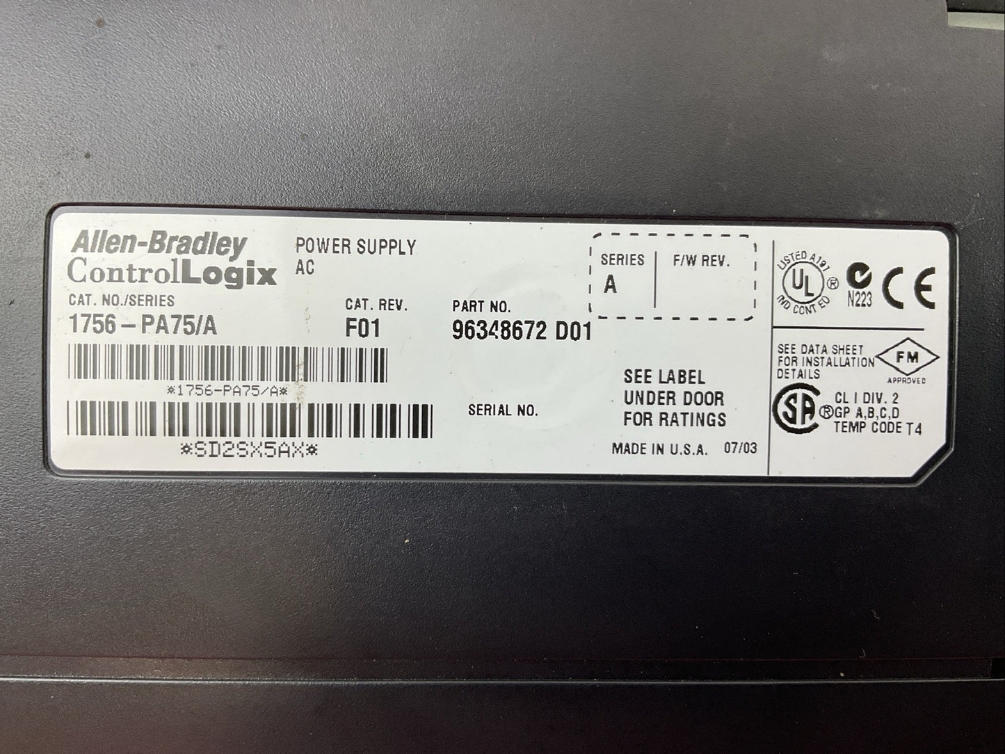 ALLEN-BRADLEY 1756-PA75 SER A CAT REV F01 POWER SUPPLY AC