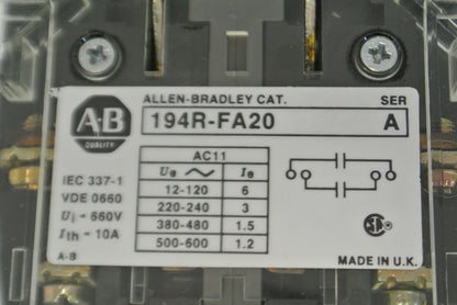 LOT of 4 / ALLEN-BRADLEY 194R-FA20 / AUXILIARY CONTACT / 2 N.C. / NEW SURPLUS