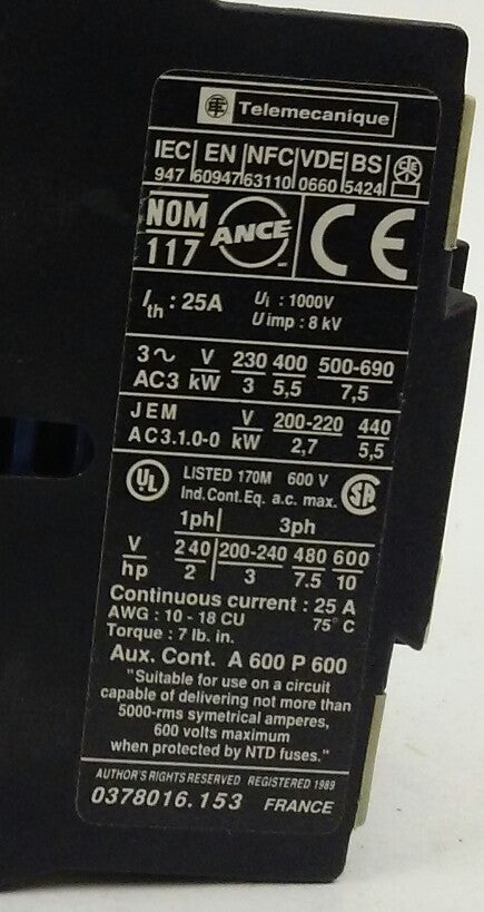 Telemecanique LC1D1210M7 Contactor 220-230, 230-240V coil - M7 - NEW SURPLUS