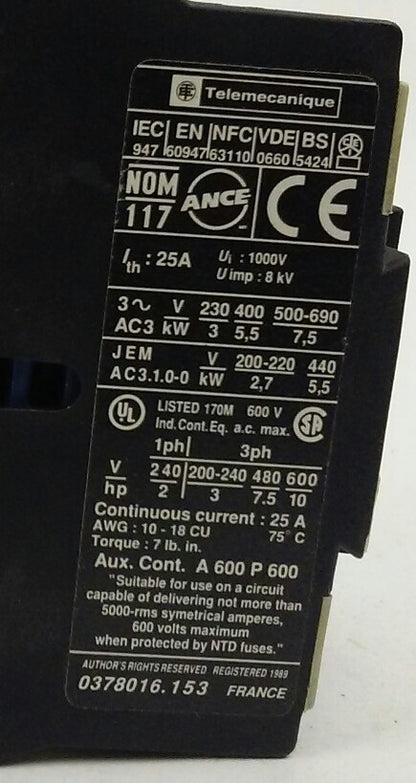 Telemecanique LC1D1210M7 Contactor 220-230, 230-240V coil - M7 - NEW SURPLUS