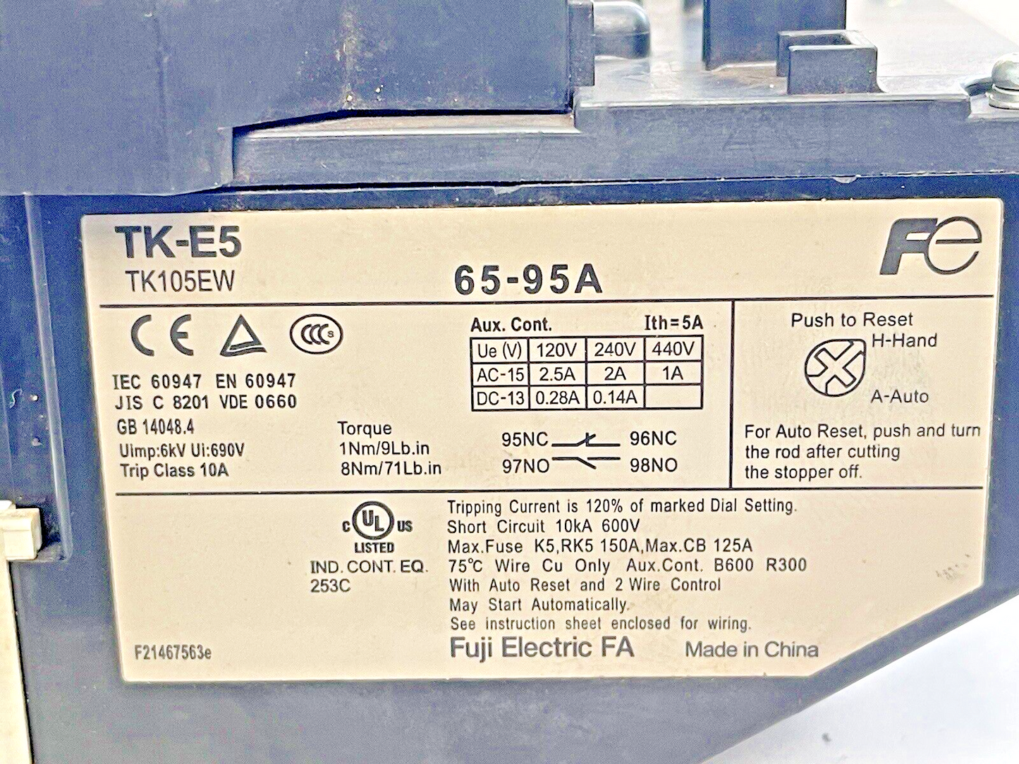 FUJI ELECTRIC TK-E5  THERMAL OVERLOAD RELAY TK105EW  65-95A