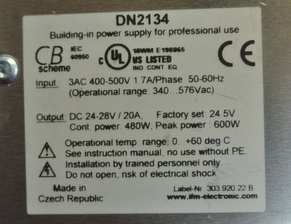 ifm DN2134 - POWER SUPPLY - OUTPUT = 24-28VDC, 20A