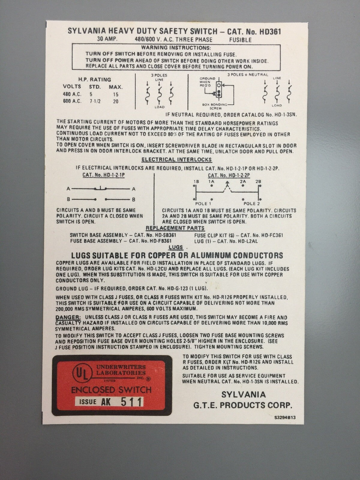 SYLVANIA HD361 FUSIBLE HEAVY DUTY SAFETY SWITCH 30AMP 480/600VAC 20HP 3 PHASE