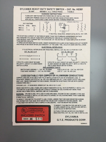 SYLVANIA HD361 FUSIBLE HEAVY DUTY SAFETY SWITCH 30AMP 480/600VAC 20HP 3 PHASE