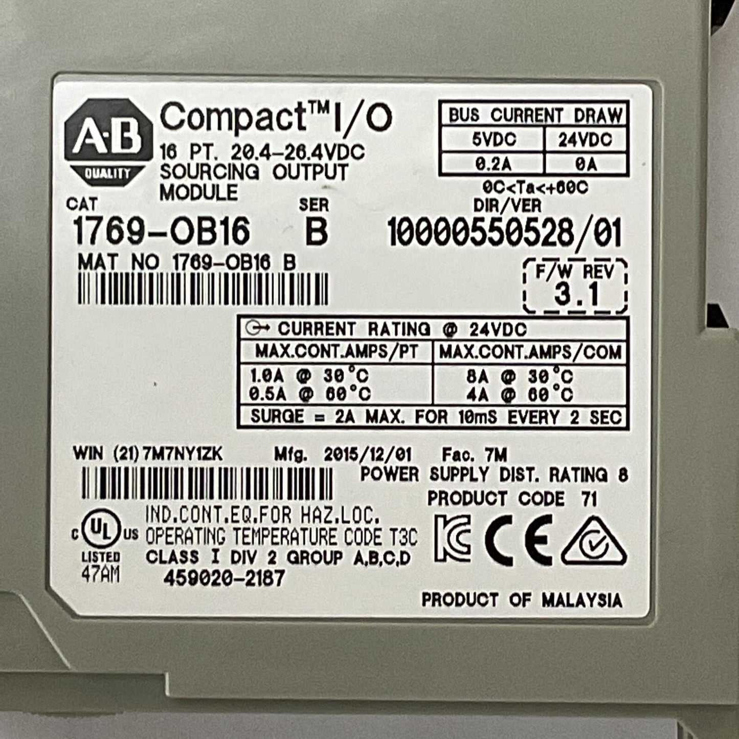 ALLEN BRADLEY 1769-OB16 SER B F/W REV 3.1 DIR/VER 10000550528/01 16PT COMPACT