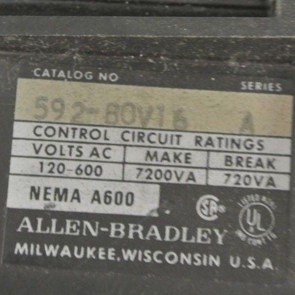 ALLEN-BRADLEY 592-BOV16, Ser. A - MANUAL RESET RELAY / 3P / 40A