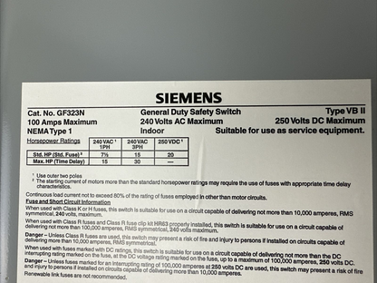 SIEMENS GF323N TYPE VB II 100A 240VAC 3PH 30HP 240VDC 20HP NEMA TYPE 1 FUSIBLE