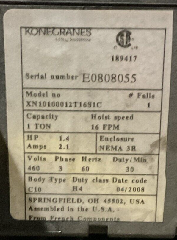 KONECRANES XN10100012T16S1C 1 TON HOIST 16FPM 1.4HP 2.1A 460V 3PH 60HZ NEMA 3R