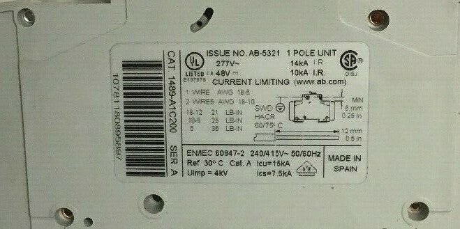 ALLEN BRADLEY 1489-A1C200 SER.A CIRCUIT BREAKER 277VAC 20A ***(LOTOF5)***