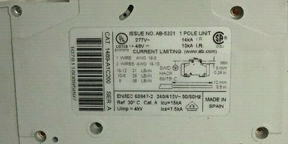 ALLEN BRADLEY 1489-A1C200 SER.A CIRCUIT BREAKER 277VAC 20A ***(LOTOF5)***