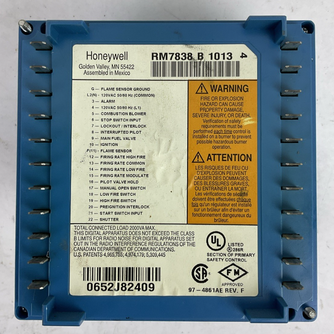 HONEYWELL RM7838 B 1013 BURNER CONTROL 97-4861AE REV F