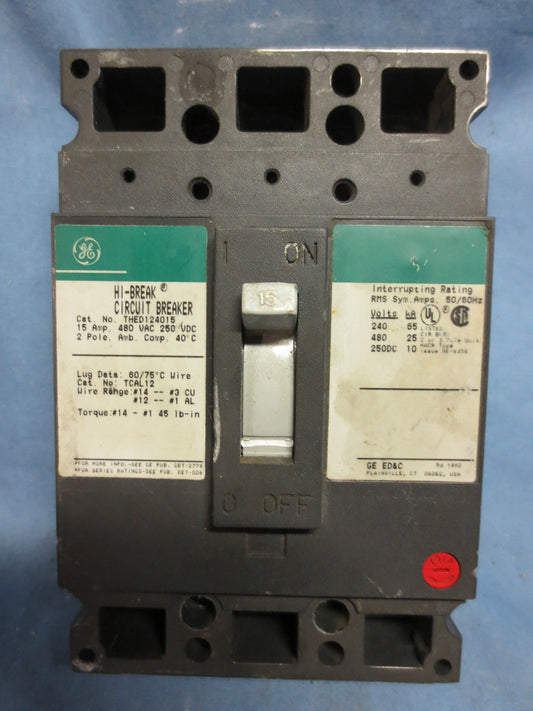 GE THED124015 HI-BREAK CIRCUIT BREAKER 15A 2-POLE 480VAC 250VDC