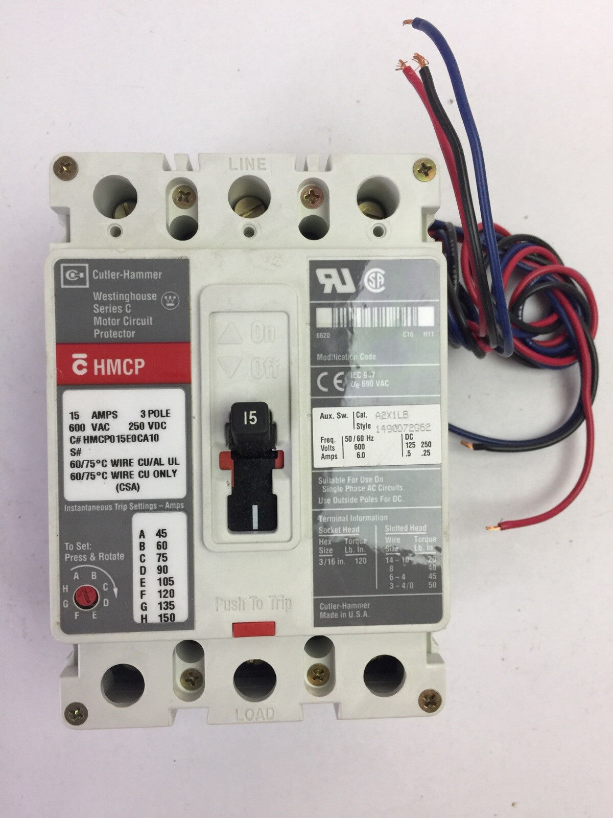 CUTLER HAMMER HMCP015E0CA10 MOTOR CIRCUIT PROTECTOR 15A 3P 600VAC 250VDC A2X1LB