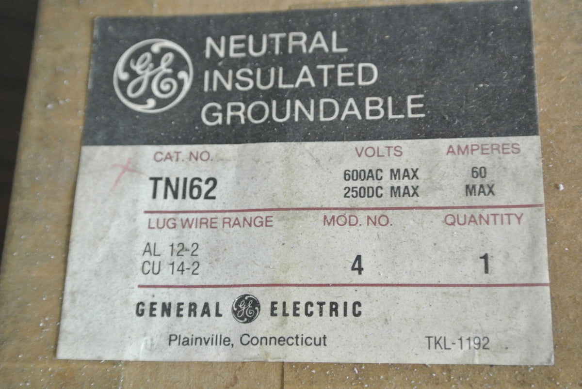 GE TNI62 INSULATED GROUNDABLE NEUTRAL 600VAC 250VDC 60A MAX NEW SURPLUS MODEL 1