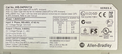 ALLEN BRADLEY 25B-D4P0N114 AC DRIVE FRN 2.002 OUTPUT 0-460VAC SER A