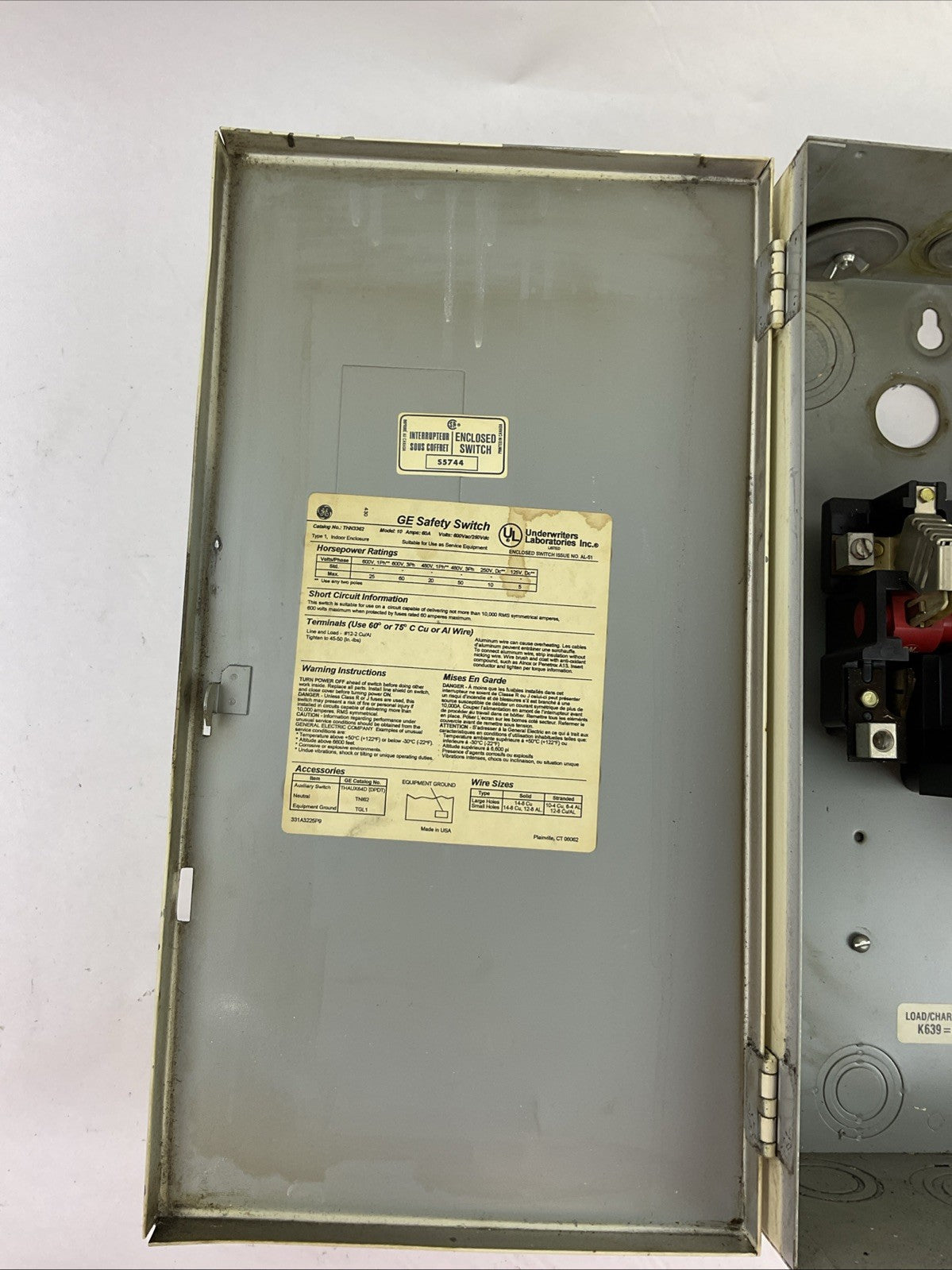 GE THN3362 SAFETY SWITCH 60A 600VAC 250VDC 3PH 60 HP TYPE 1 MOD 10 192A7029P260