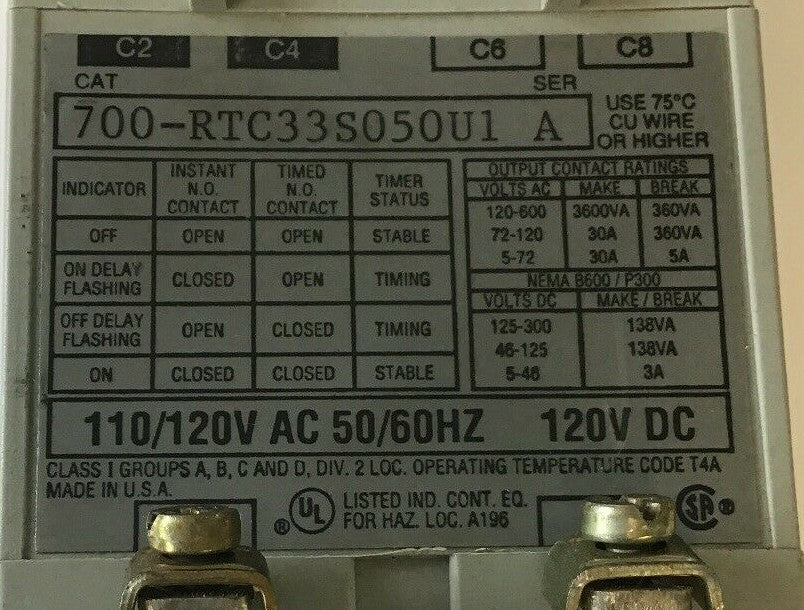 ALLEN BRADLEY 700-RTC33S050U1 SER A FIXED TIME DEL. SOLID STATE TIMER 120VDC/120