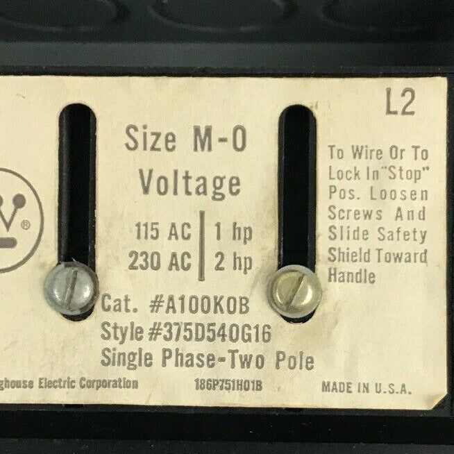 WESTINGHOUSE A100S0B MANUAL STARTER SZ.M-O 2POLE 1PH 1HP-115VAC 2HP-230VAC