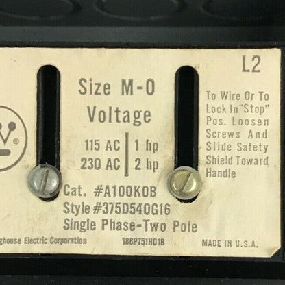 WESTINGHOUSE A100S0B MANUAL STARTER SZ.M-O 2POLE 1PH 1HP-115VAC 2HP-230VAC