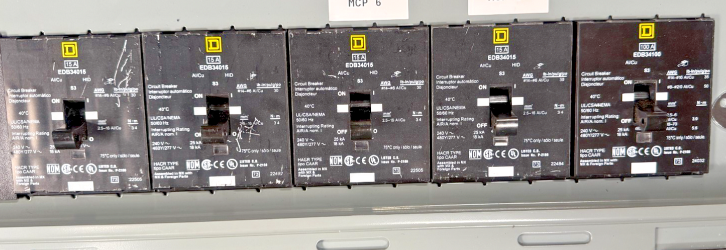SQUARE D NF442L2C PANELBOARD E1 250A 600Y/347VAC W/ (9)EDB34015 15A CIR. BREAKER