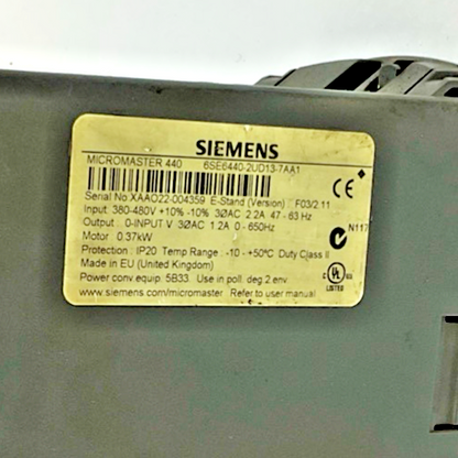 SIEMENS 6SE6440-2UD13-7AA1 FREQUENCY INVERTER MICROMASTER 440 VER. F03/2.11