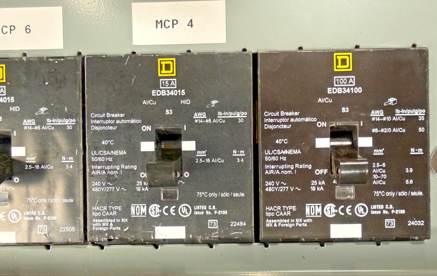 SQUARE D NF442L2C PANELBOARD E1 250A 600Y/347VAC W/ (9)EDB34015 15A CIR. BREAKER