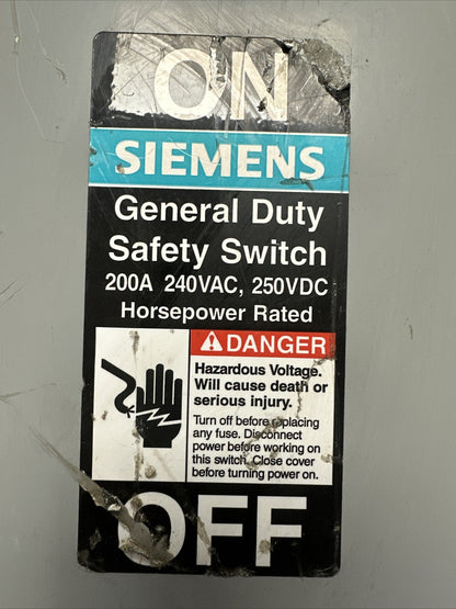 SIEMENS GNF324R TYPE VB II 200A 240VAC 3PH 60HP 240VDC 40HP TYPE 3R NON-FUSIBLE