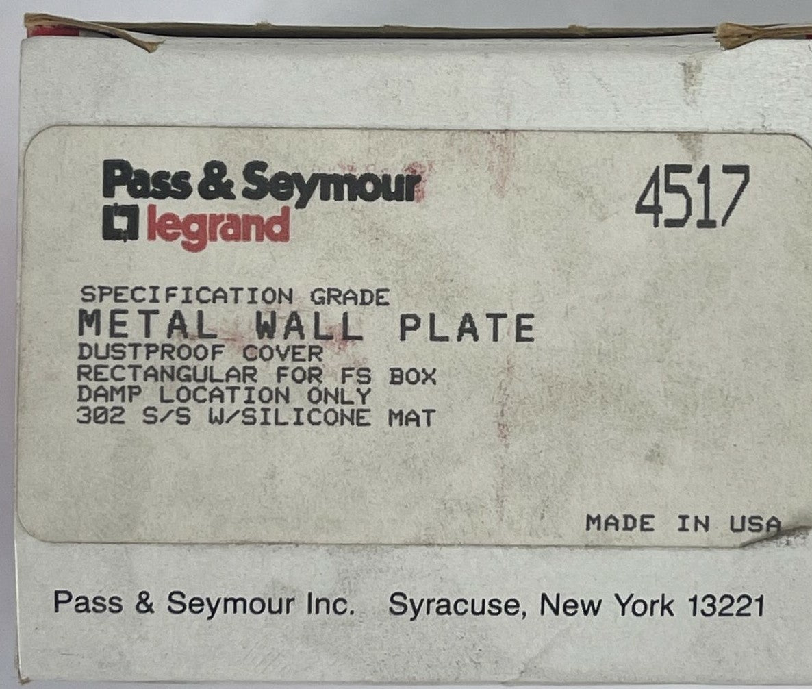 PASS & SEYMOUR 4517 METAL WALL PLATE DUSTPROOF COVER RECTANGULAR FOR FS BOX