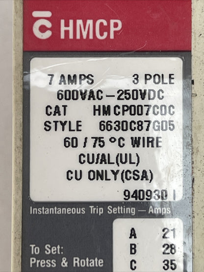 WESTINGHOUSE HMCP007C0C SER C 7A 600VAC 250VDC 3POLE ELC3007R CURRENT LIMITER 7A