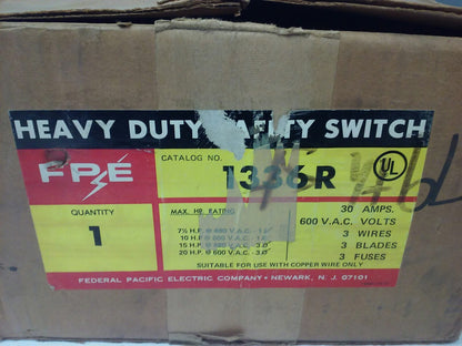 FPE 1336R FUSIBLE SAFETY SWITCH 3P, 30A, 600VAC, 3 WIRE, 3 BLADES, 20HP