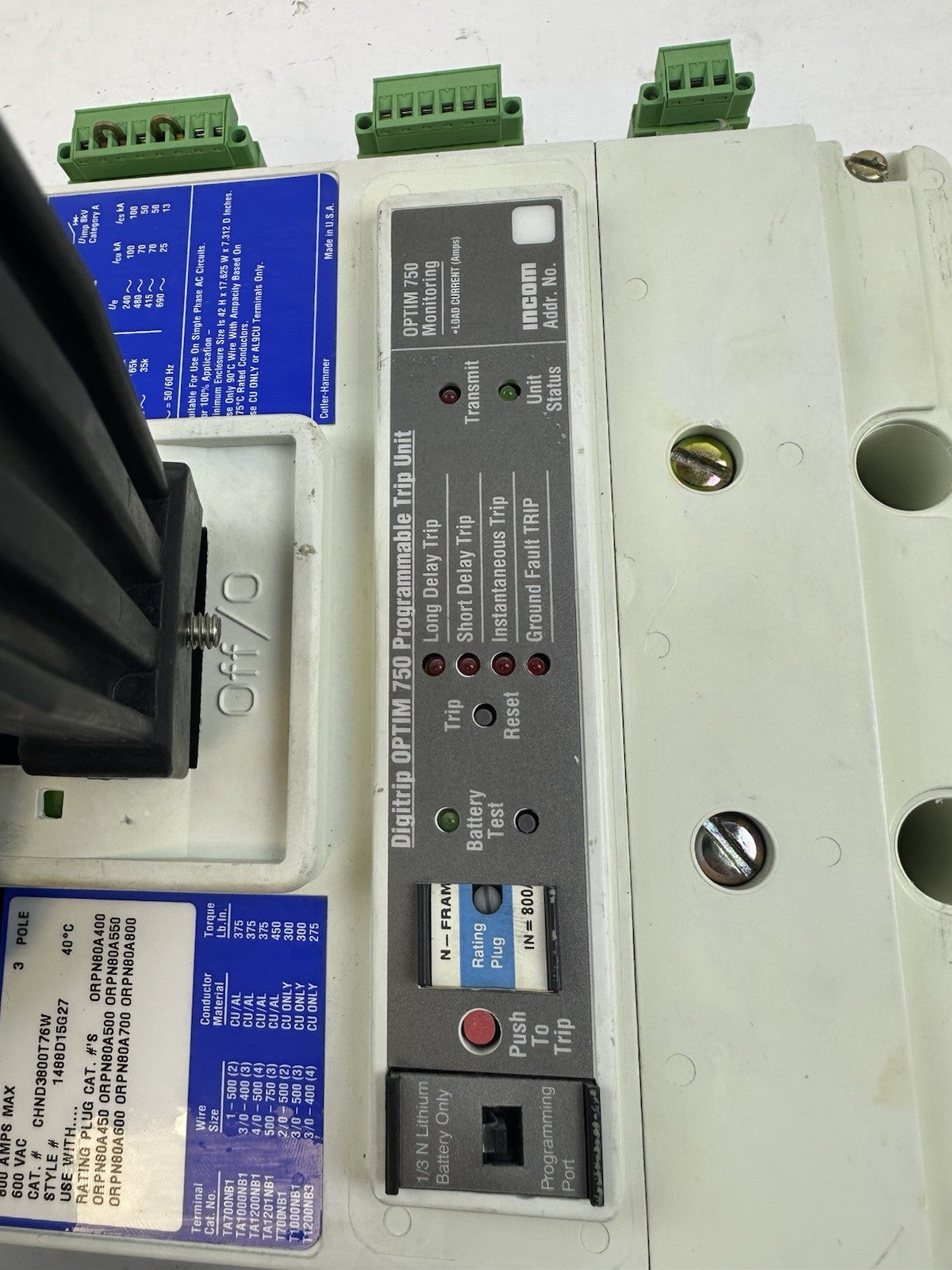 CUTLER HAMMER CHND3800T76W 800A 600V 3P CIRCUIT BREAKER W/DIGITRIP 750 TRIP UNIT