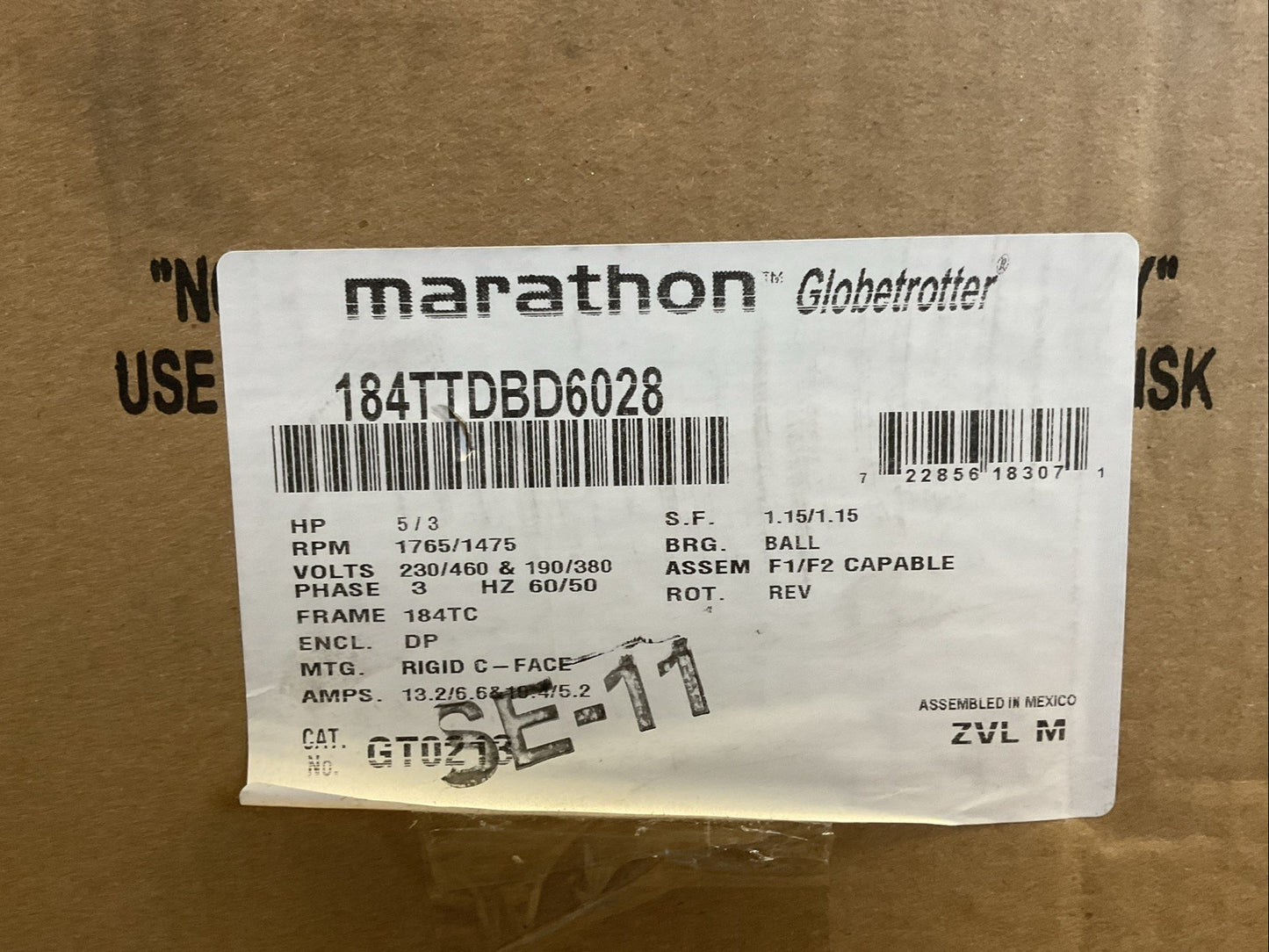 MARATHON GLOBETROTTER 184TTDBD6028 MOTOR 5/3HP 1765/1475RPM 3PH 60/50HZ