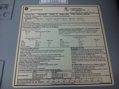 GE THN3361M, SAFETY SWITCH, 30A, 600VAC/250DC, TYPE 1/5/12 ENCLOSURE, MAX H.P.30
