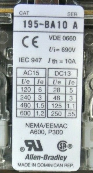 LOT of 2 / ALLEN-BRADLEY 195-BA10 AUXILIARY SWITCH / AUX. CONTACT / NEW SURPLUS
