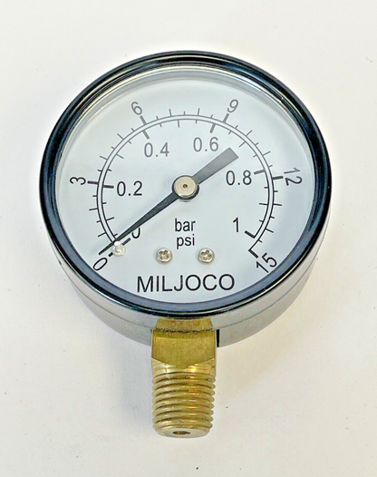 MILJOCO - P2508L02 - PRESSURE GAUGE - 2.5" DIAMETER, 1/4" NPTLM, 0-15 PSI