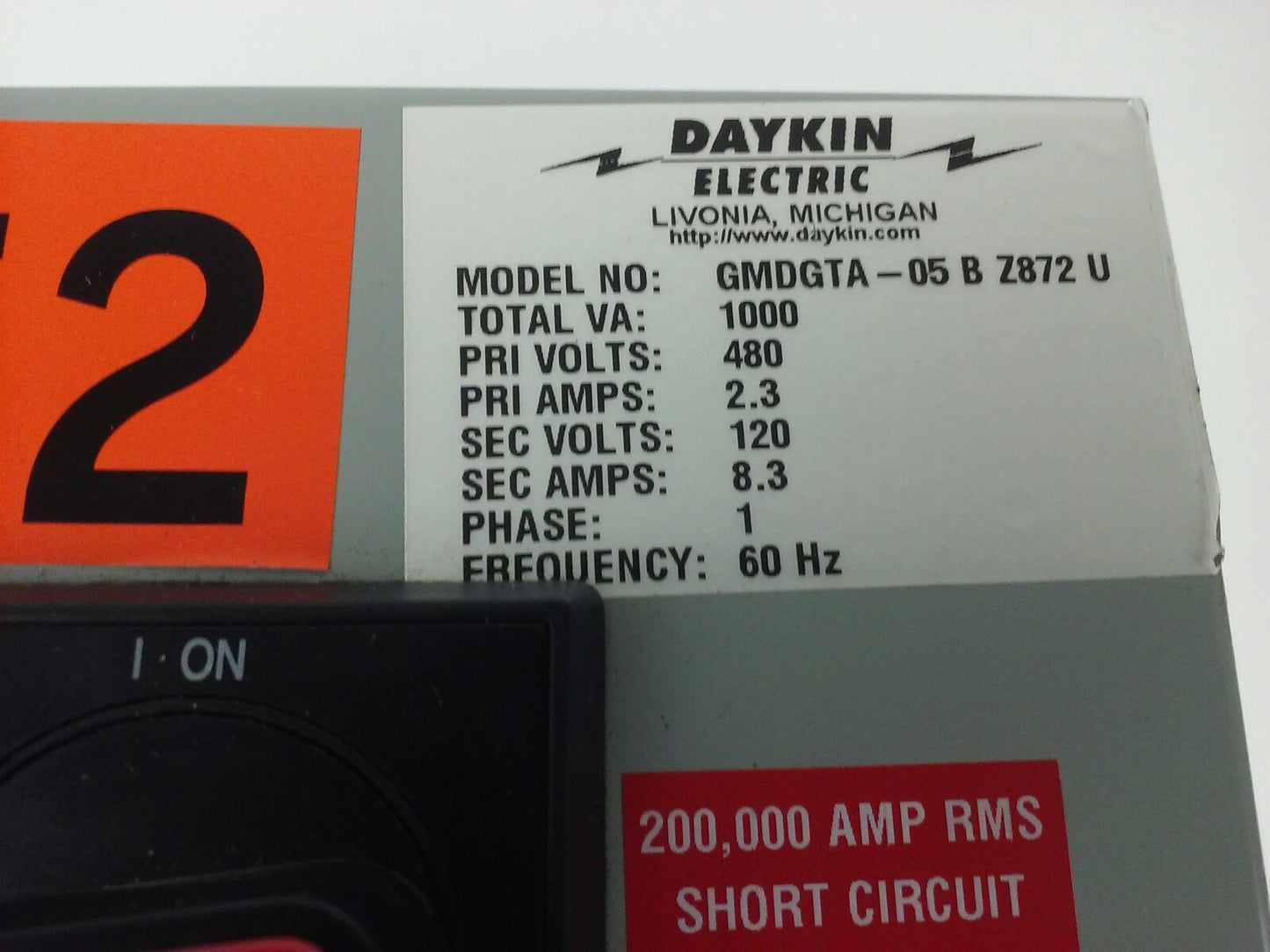 DAYKIN ELECTRIC GMDGTA-05BZ872U TRANSFORMER DISCONNECT SWITCH 480V, 1000VA, 2.3A