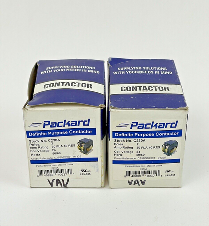 PACKARD *LOT OF 2* - C230A - DEFINITE PURPOSE CONTACTOR - 2 POLE, 30A, 24V 50/60