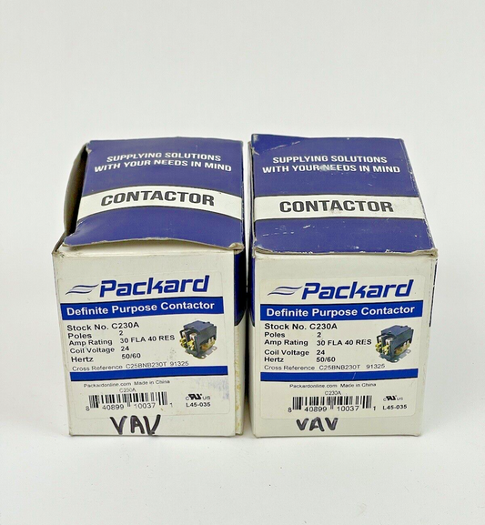 PACKARD *LOT OF 2* - C230A - DEFINITE PURPOSE CONTACTOR - 2 POLE, 30A, 24V 50/60