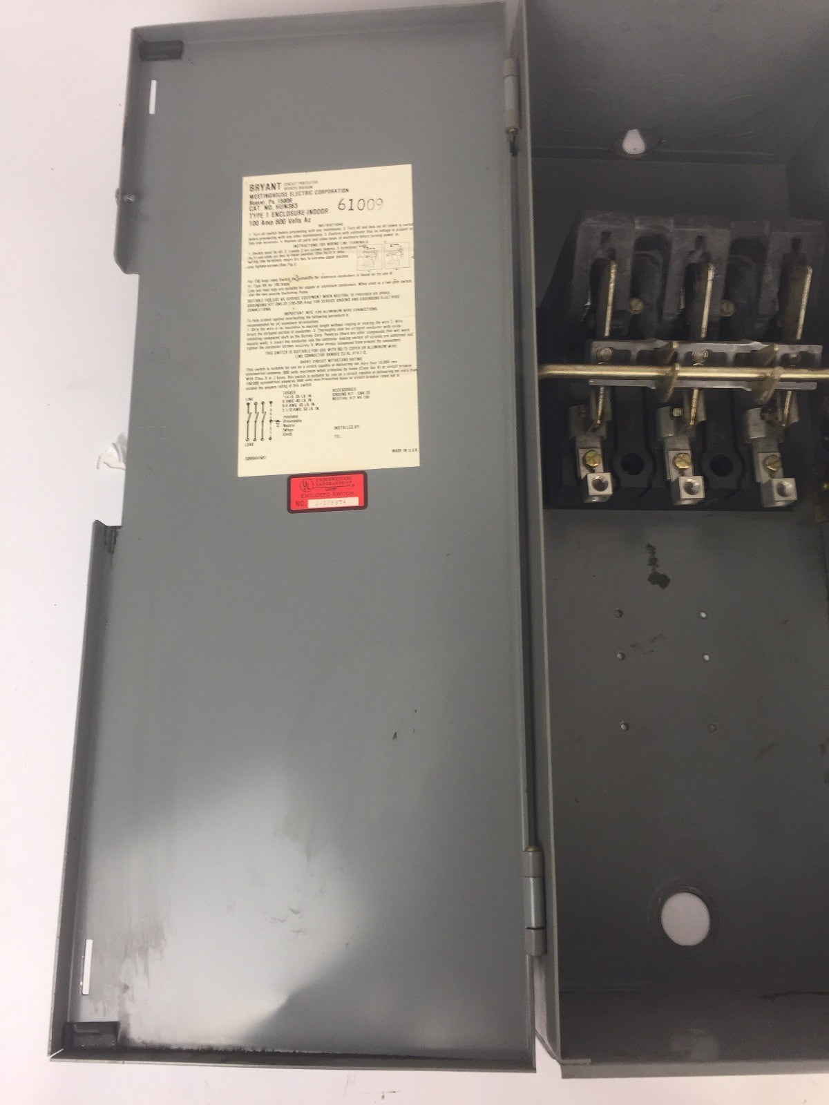 WESTINGHOUSE HUN363 HEAVY DUTY SAFETY SWITCH 100AMP 600VAC 75HP TYPE 1 ENCLOSURE