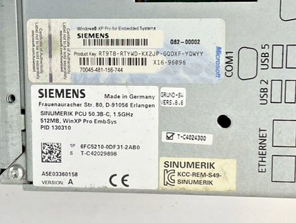 SIEMENS 6FC5203-0AF02-0AA1 VER.G OPERATOR PANEL W/ 6FC5210-0DF31-2AB0 CPU VER.A
