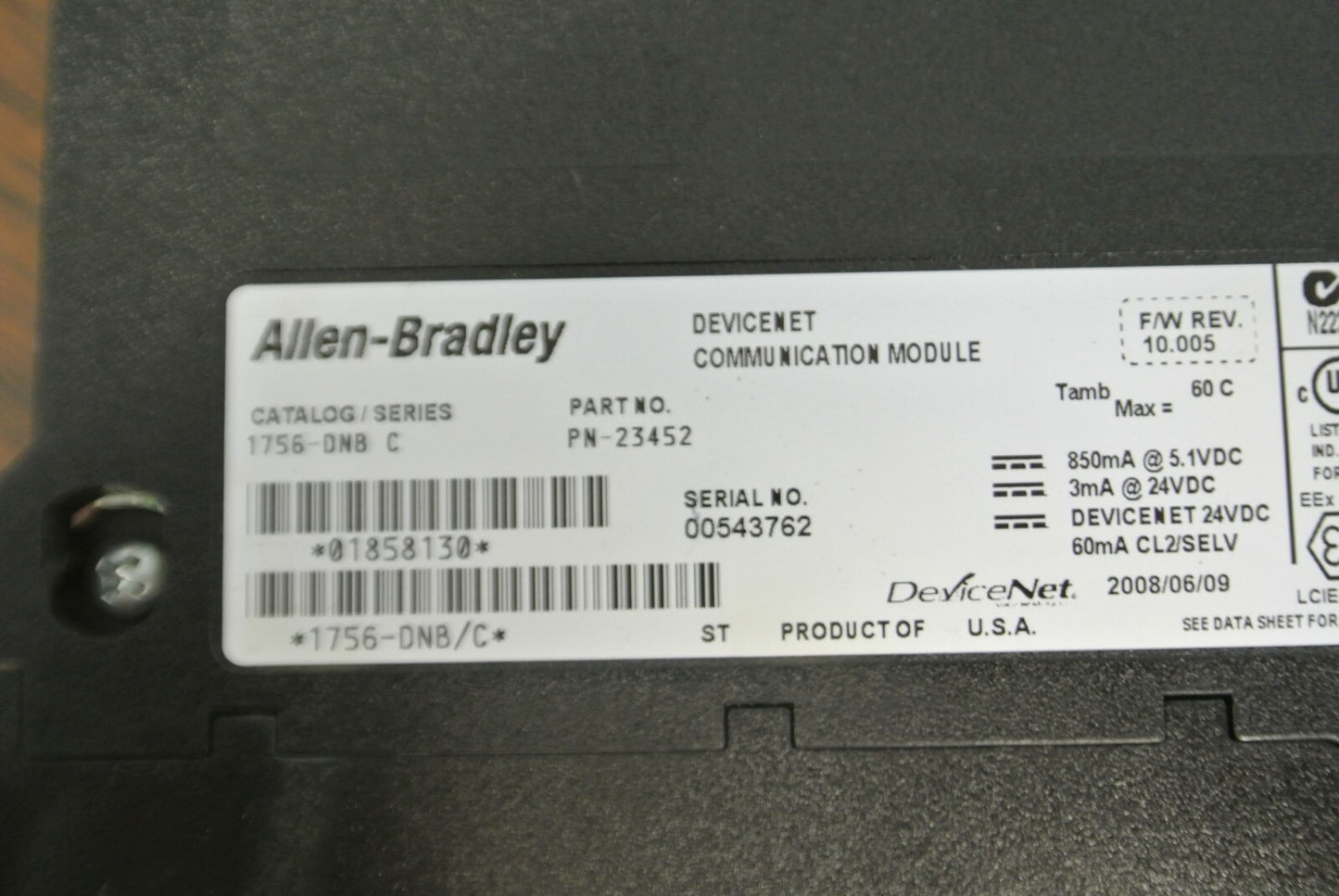 ALLEN-BRADLEY 1756-DNB Series C DEVICENET COMMUNICATION MODULE / PN-23452 24VDC