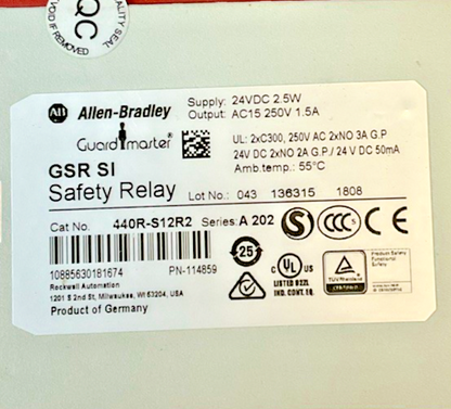 ALLEN BRADLEY 440R-S12R2 SAFETY RELAY SER.A 202 24VDC GSR SI